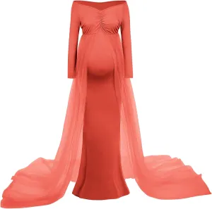 Women's Long Sleeve Off Shoulder Maternity Maxi Photography Dress Tulle Wedding Mermaid Gown for Photoshoot Baby Shower