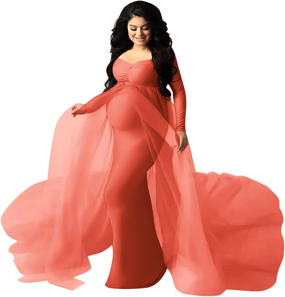 Women's Long Sleeve Off Shoulder Maternity Maxi Photography Dress Tulle Wedding Mermaid Gown for Photoshoot Baby Shower