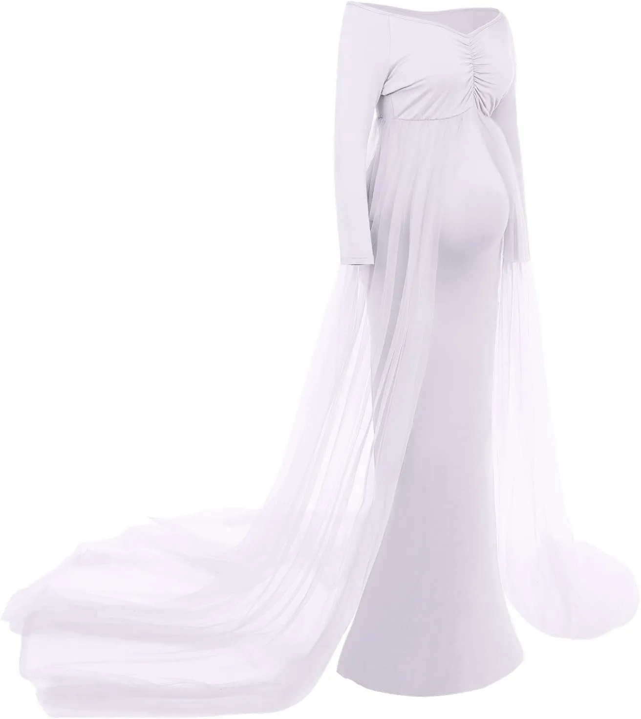 Women's Long Sleeve Off Shoulder Maternity Maxi Photography Dress Tulle Wedding Mermaid Gown for Photoshoot Baby Shower