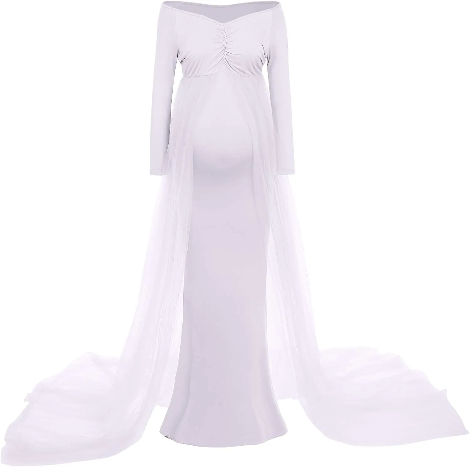 Women's Long Sleeve Off Shoulder Maternity Maxi Photography Dress Tulle Wedding Mermaid Gown for Photoshoot Baby Shower