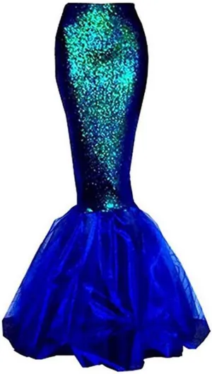 Women's Mermaid Tail Costume Fancy Metallic Hologram Sequin Maxi Skirt Cosplay Halloween Party Dress Long Maxi Skirt