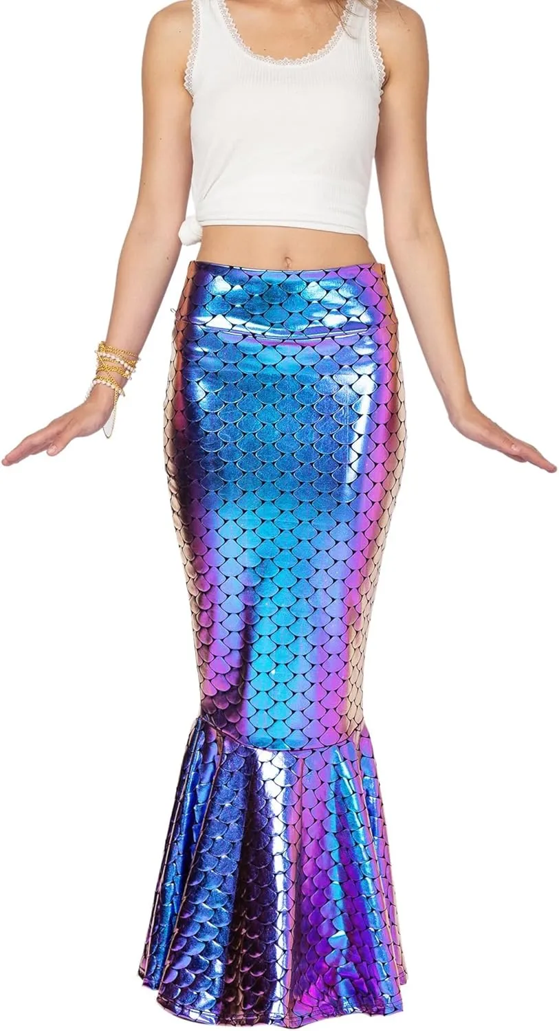 Women's Mermaid Tail Costume Fancy Metallic Hologram Sequin Maxi Skirt Cosplay Halloween Party Dress Long Maxi Skirt