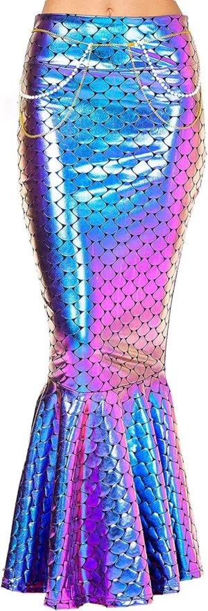 Women's Mermaid Tail Costume Fancy Metallic Hologram Sequin Maxi Skirt Cosplay Halloween Party Dress Long Maxi Skirt