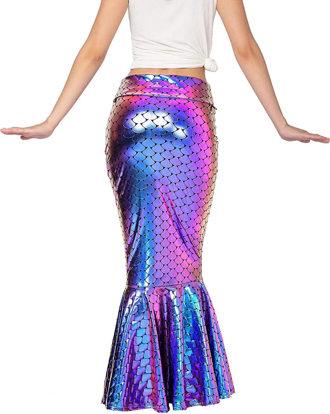 Women's Mermaid Tail Costume Fancy Metallic Hologram Sequin Maxi Skirt Cosplay Halloween Party Dress Long Maxi Skirt