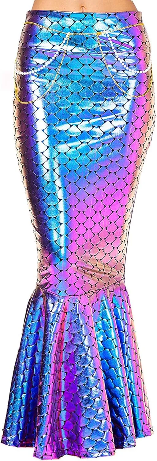Women's Mermaid Tail Costume Fancy Metallic Hologram Sequin Maxi Skirt Cosplay Halloween Party Dress Long Maxi Skirt