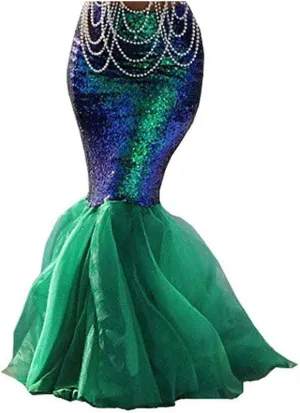 Women's Mermaid Tail Costume Fancy Metallic Hologram Sequin Maxi Skirt Cosplay Halloween Party Dress Long Maxi Skirt