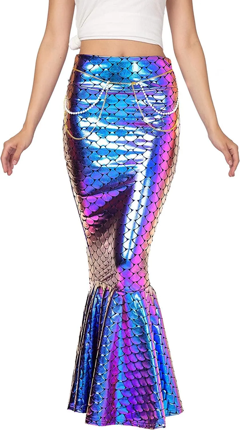 Women's Mermaid Tail Costume Fancy Metallic Hologram Sequin Maxi Skirt Cosplay Halloween Party Dress Long Maxi Skirt