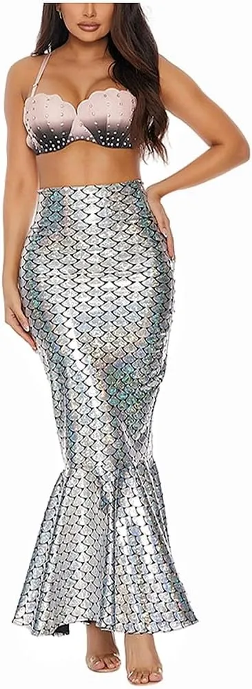 Women's Mermaid Tail Costume Maxi Skirt Cosplay Halloween Party Dress