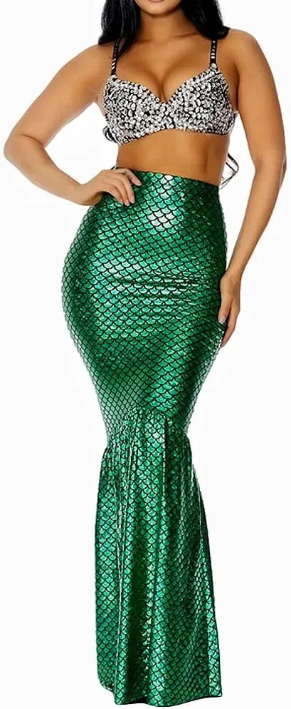 Women's Mermaid Tail Costume Maxi Skirt Cosplay Halloween Party Dress