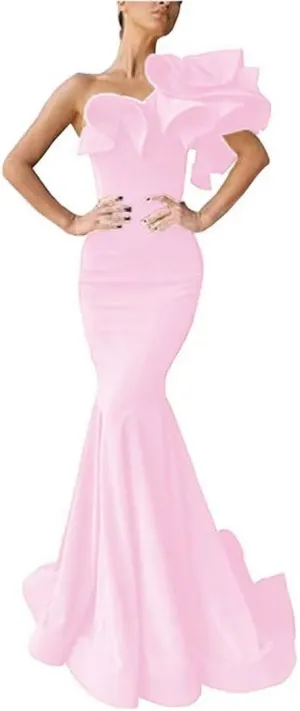 Women's One Shoulder Ruffles Satin Mermaid Prom Dresses Long Ball Gowns Formal Evening Party Gowns