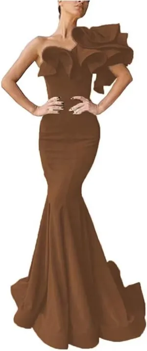 Women's One Shoulder Ruffles Satin Mermaid Prom Dresses Long Ball Gowns Formal Evening Party Gowns