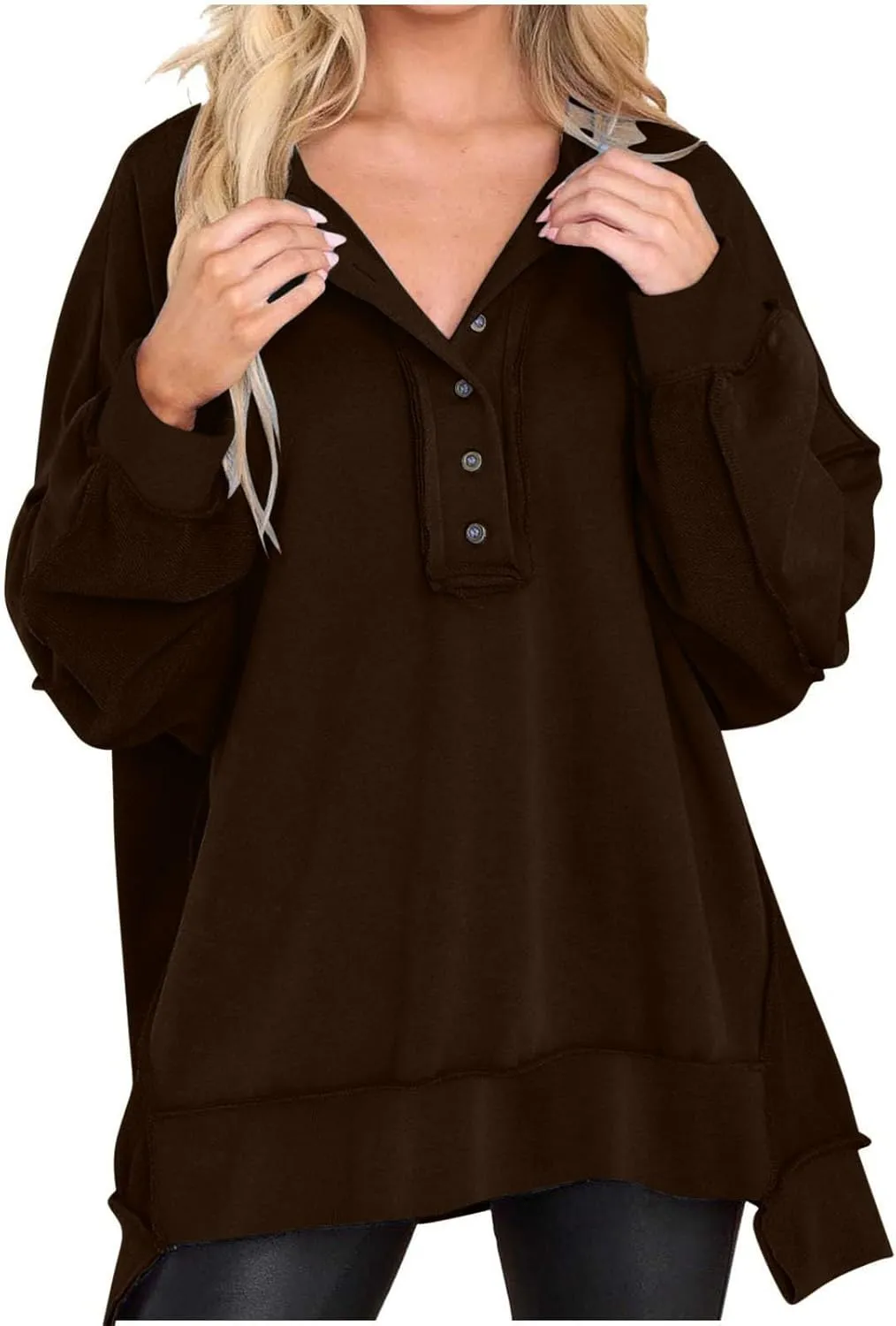 Womens Oversized Sweatshirt Casual Long Sleeve Shirts Button Henley Neck Pullover Patchwork Tunic Tops Fall Outfits