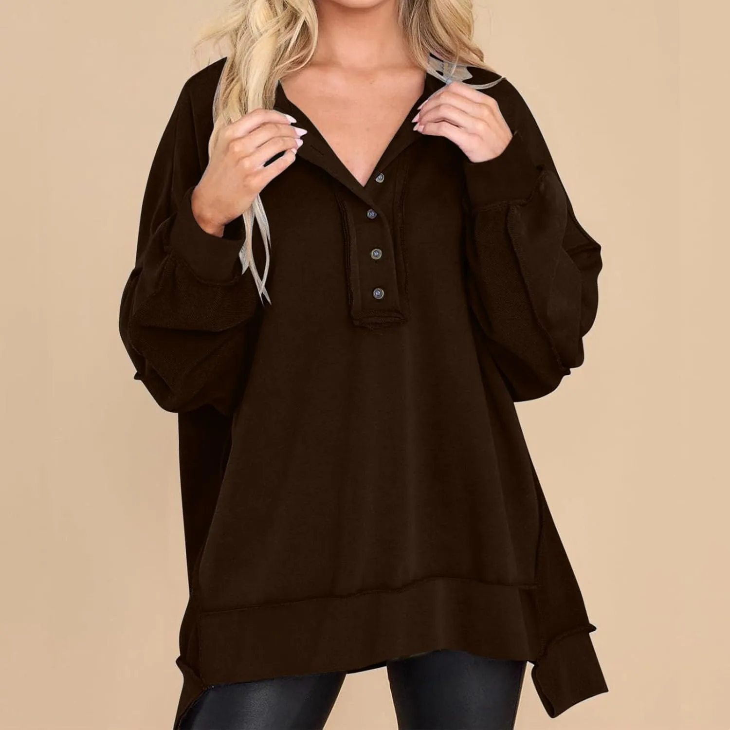 Womens Oversized Sweatshirt Casual Long Sleeve Shirts Button Henley Neck Pullover Patchwork Tunic Tops Fall Outfits