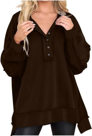 Womens Oversized Sweatshirt Casual Long Sleeve Shirts Button Henley Neck Pullover Patchwork Tunic Tops Fall Outfits