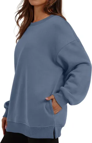 Womens Oversized Sweatshirts Side Slit Crewneck Long Sleeve Tops Loose Pullover 2024 Fall Women Extra
