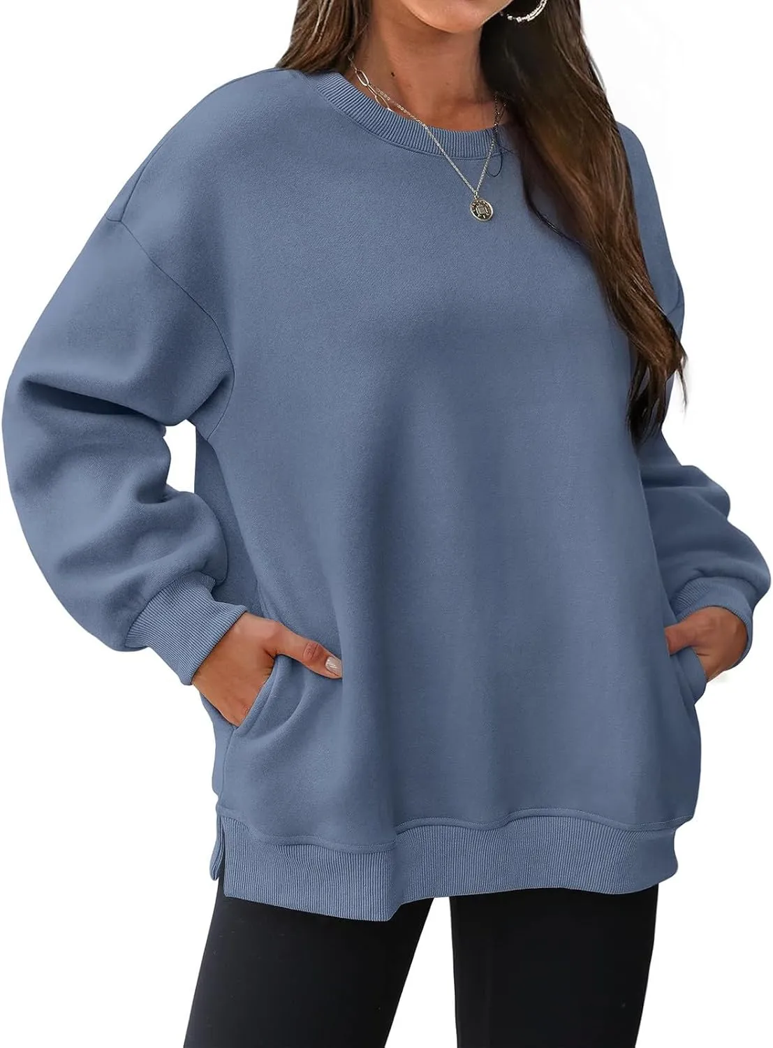 Womens Oversized Sweatshirts Side Slit Crewneck Long Sleeve Tops Loose Pullover 2024 Fall Women Extra