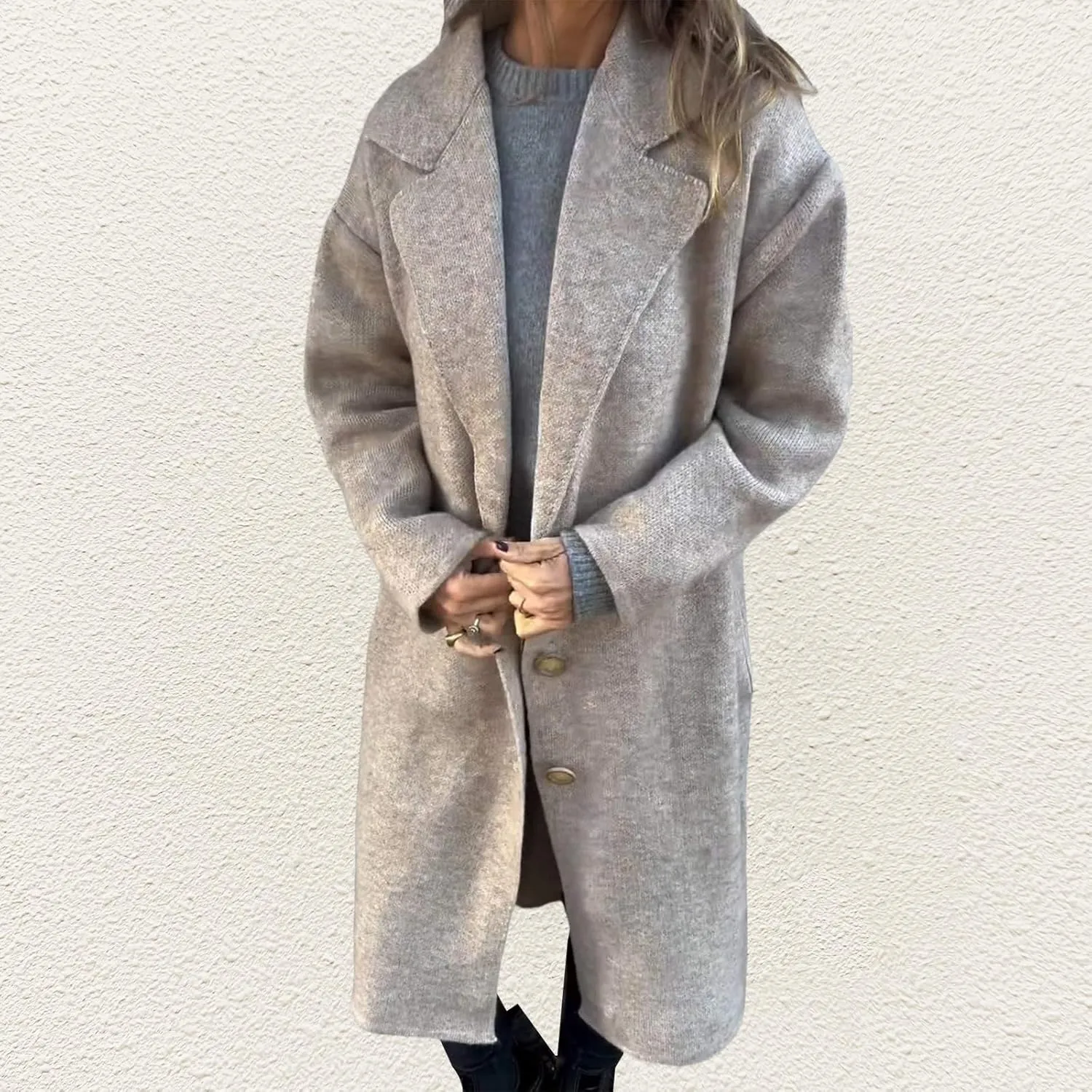 Women's Oversized Wool Blend Coat Lightweight Single Breast Midi Long Trench Coat Lapel Open Front Long Cardigan