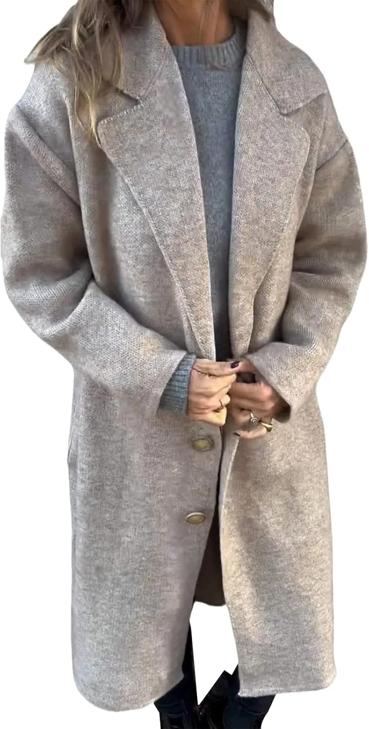 Women's Oversized Wool Blend Coat Lightweight Single Breast Midi Long Trench Coat Lapel Open Front Long Cardigan