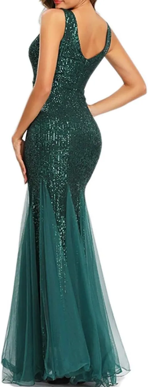 Womens Party Dress Sequins Tulle Sexy V-Neck Long Dress Sleeveless Formal Evening Prom Gowns