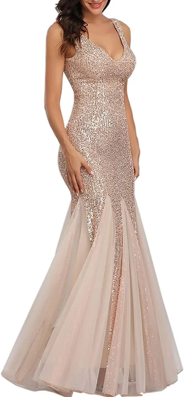 Womens Party Dress Sequins Tulle Sexy V-Neck Long Dress Sleeveless Formal Evening Prom Gowns