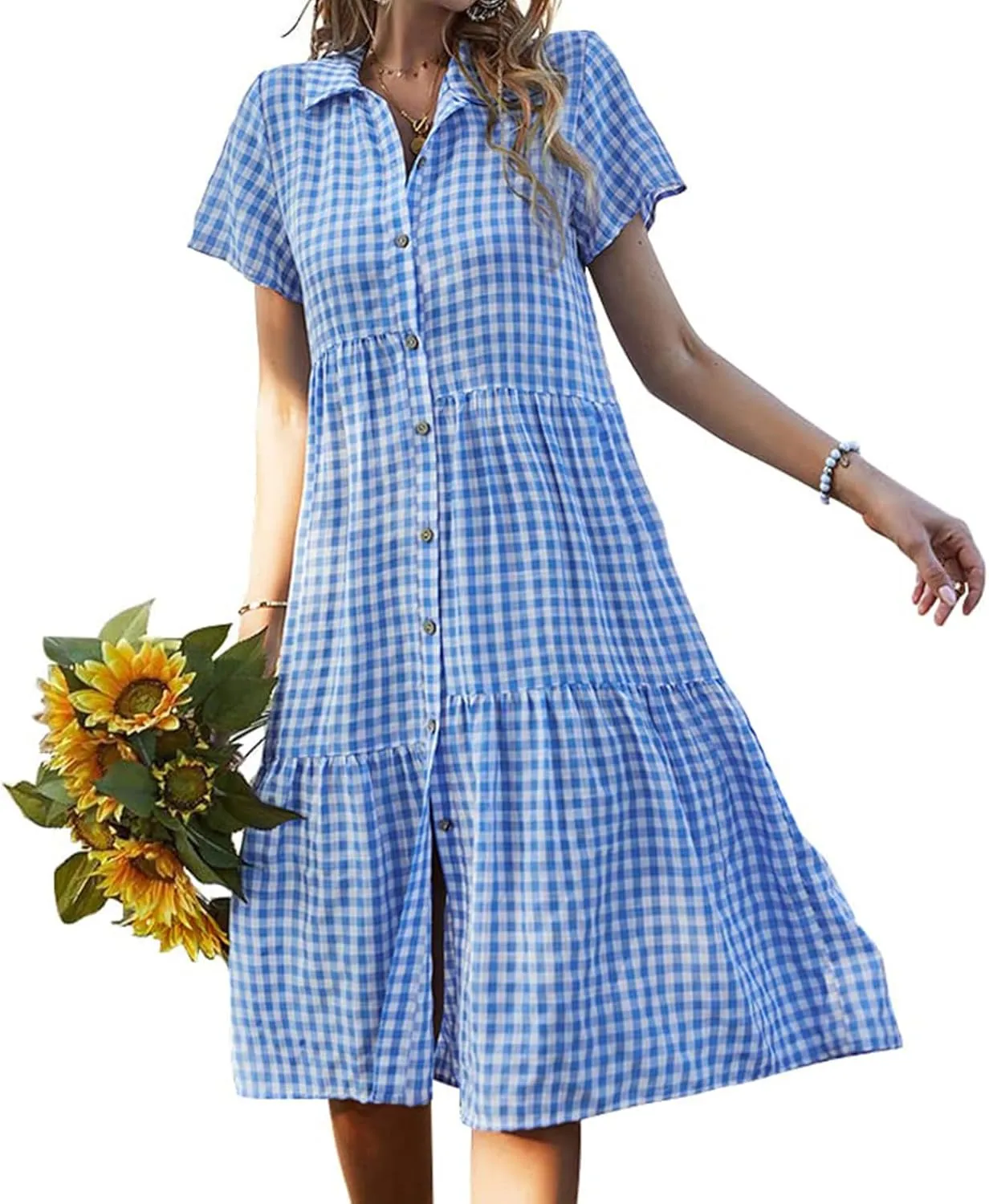 Women's Plaid Dress Summer Causal Comfy Pleated Skirts Shirt Collar Button Short-Sleeved Business Loose midi Dresses