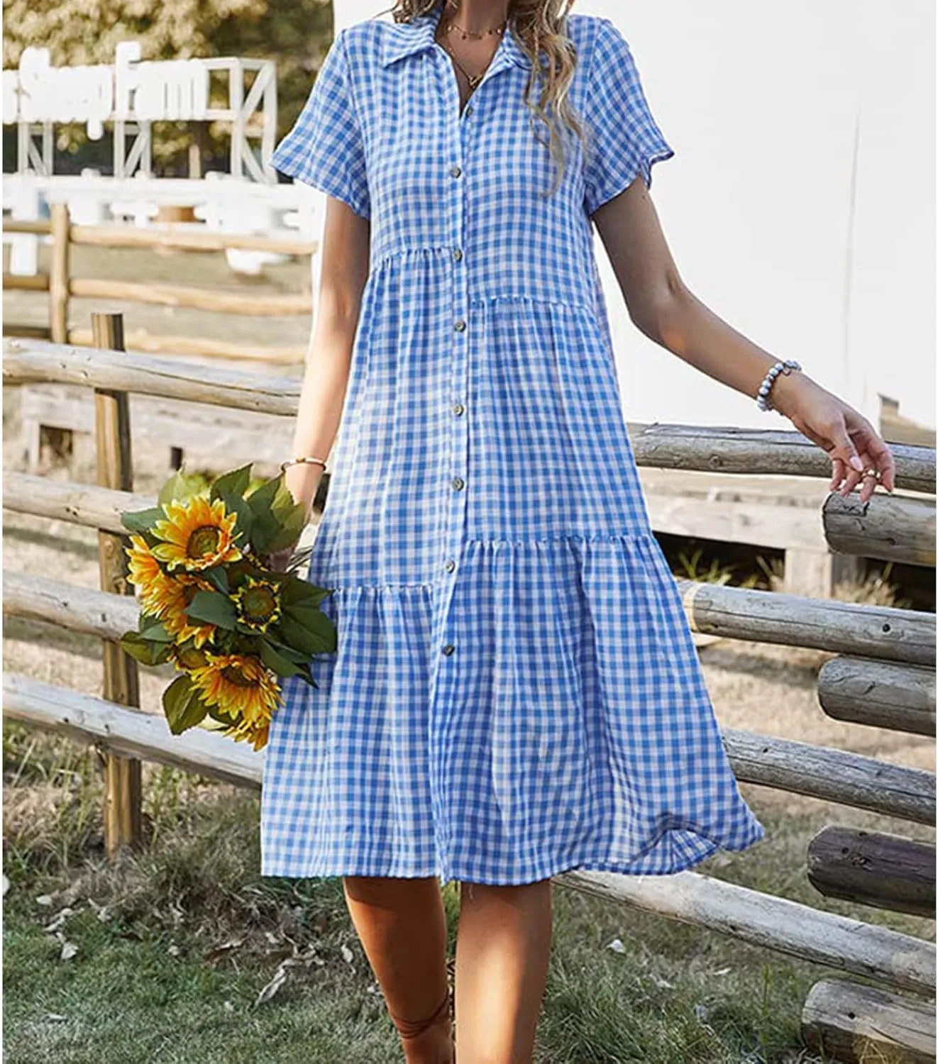 Women's Plaid Dress Summer Causal Comfy Pleated Skirts Shirt Collar Button Short-Sleeved Business Loose midi Dresses
