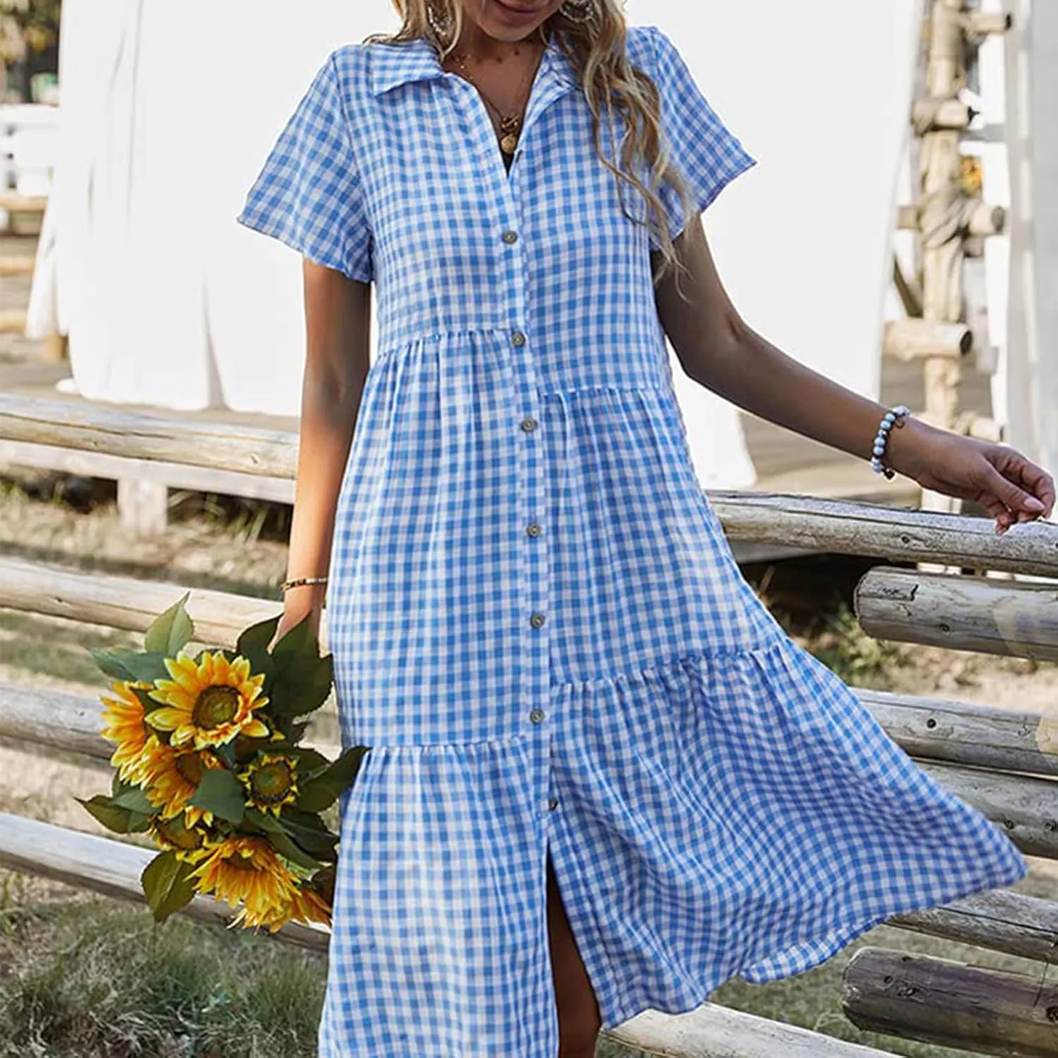 Women's Plaid Dress Summer Causal Comfy Pleated Skirts Shirt Collar Button Short-Sleeved Business Loose midi Dresses