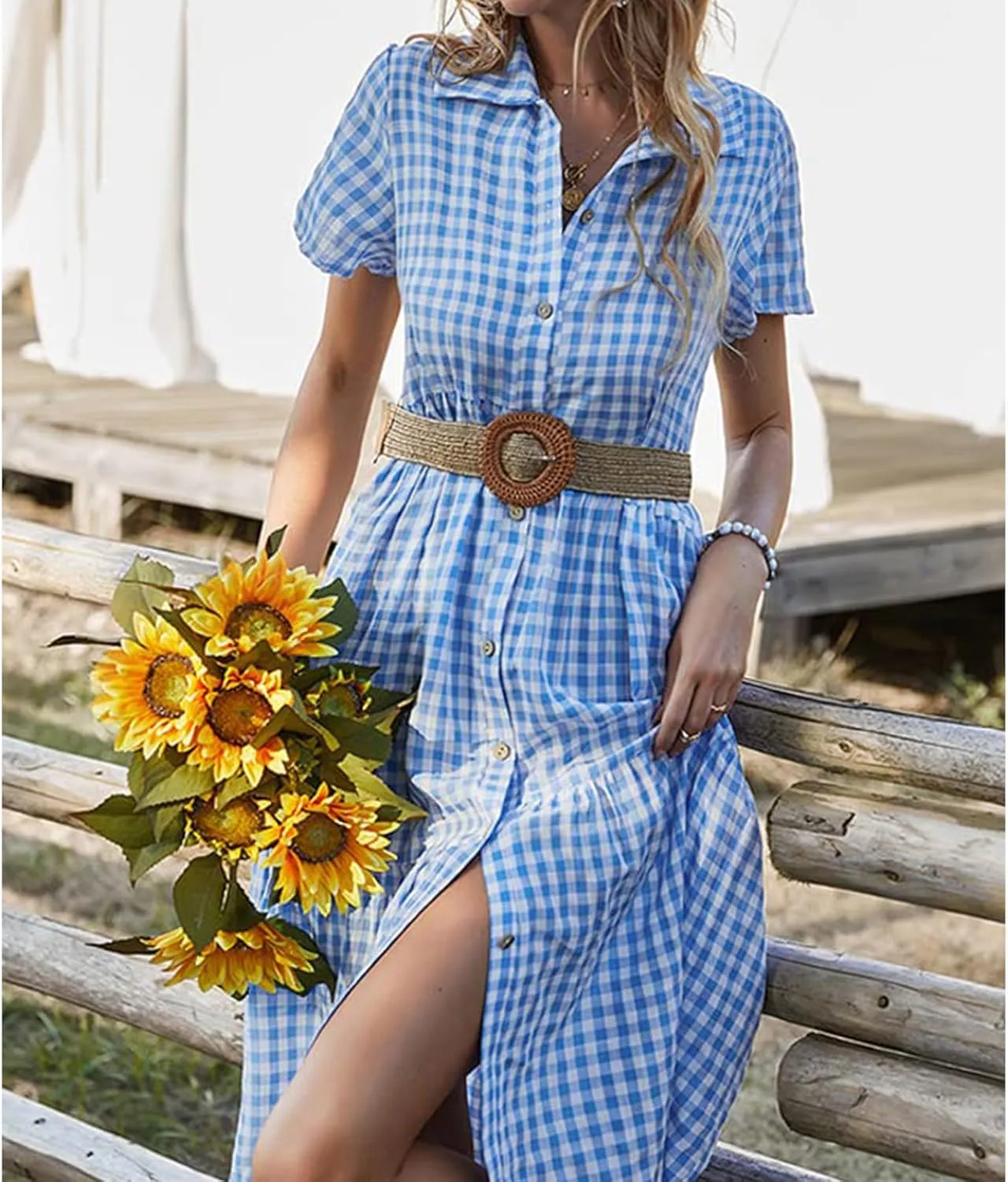 Women's Plaid Dress Summer Causal Comfy Pleated Skirts Shirt Collar Button Short-Sleeved Business Loose midi Dresses