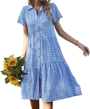 Women's Plaid Dress Summer Causal Comfy Pleated Skirts Shirt Collar Button Short-Sleeved Business Loose midi Dresses