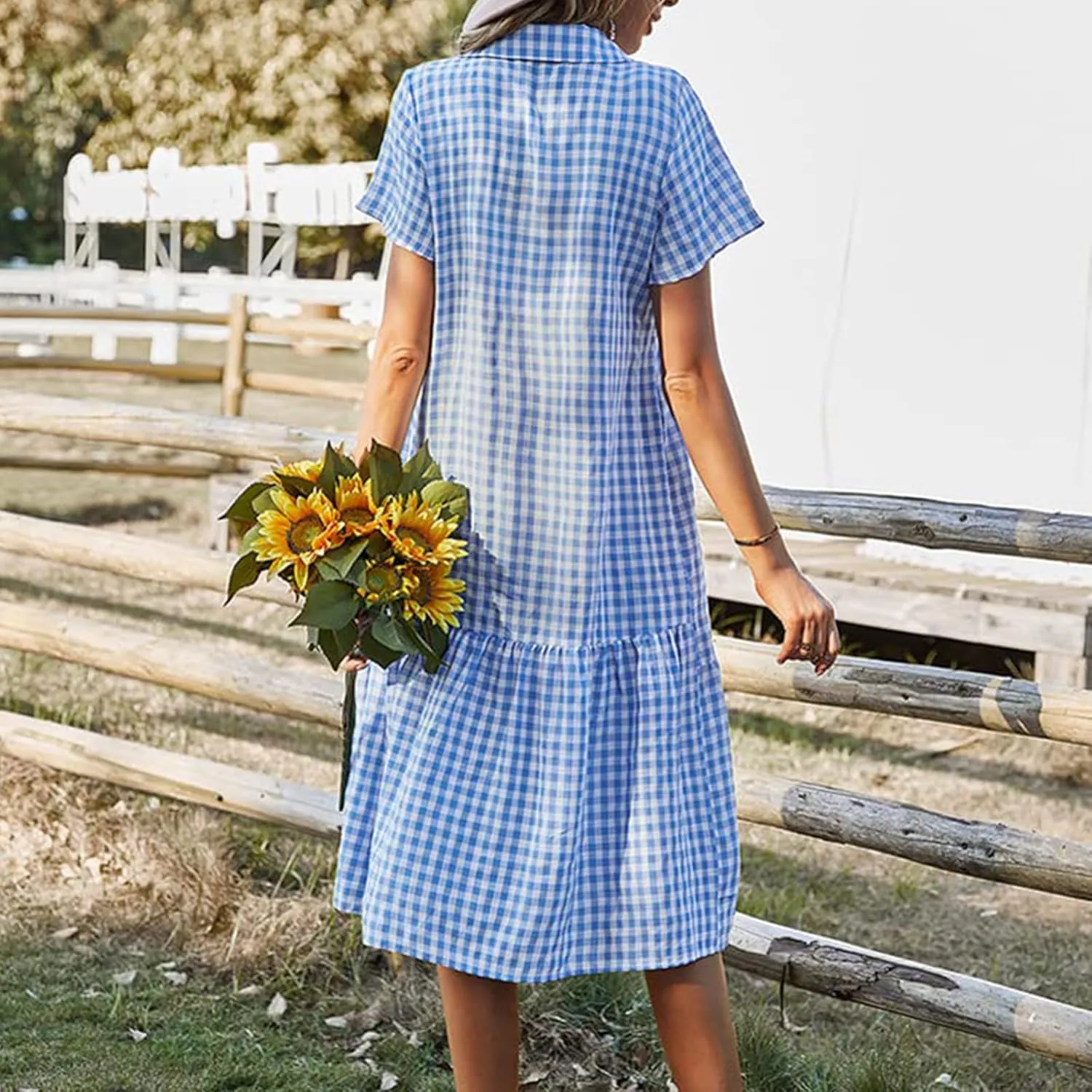 Women's Plaid Dress Summer Causal Comfy Pleated Skirts Shirt Collar Button Short-Sleeved Business Loose midi Dresses