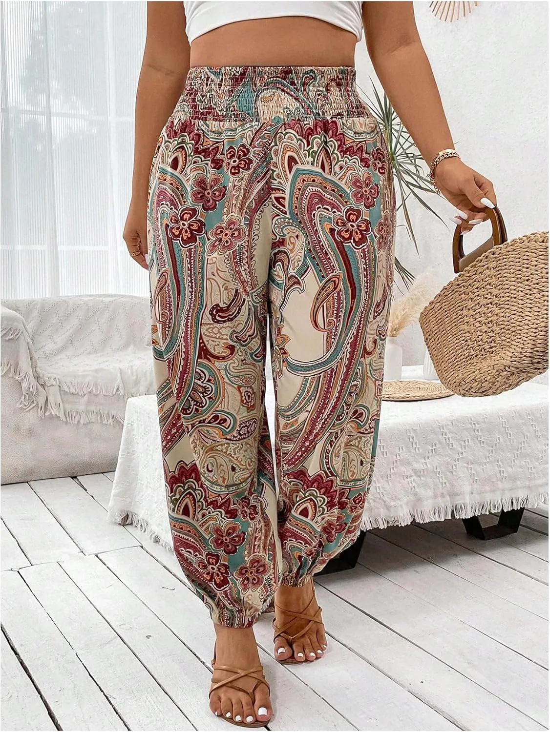 Women's Plus Size Boho Paisley Jogger Pants Floral High Waisted Flowy Trousers