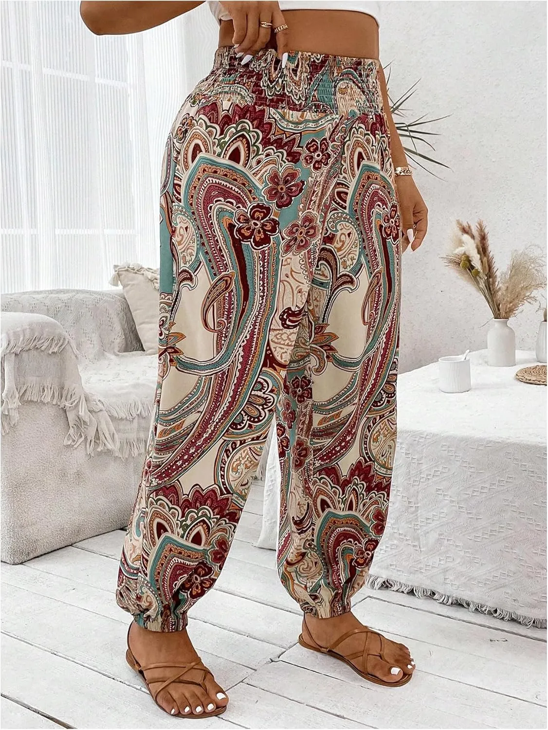 Women's Plus Size Boho Paisley Jogger Pants Floral High Waisted Flowy Trousers