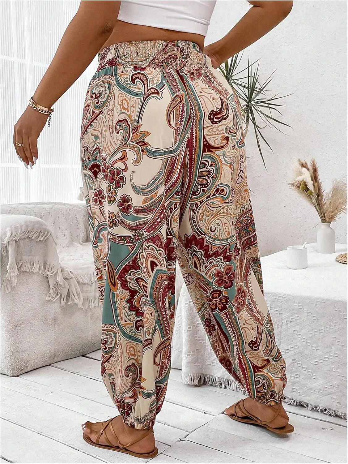 Women's Plus Size Boho Paisley Jogger Pants Floral High Waisted Flowy Trousers