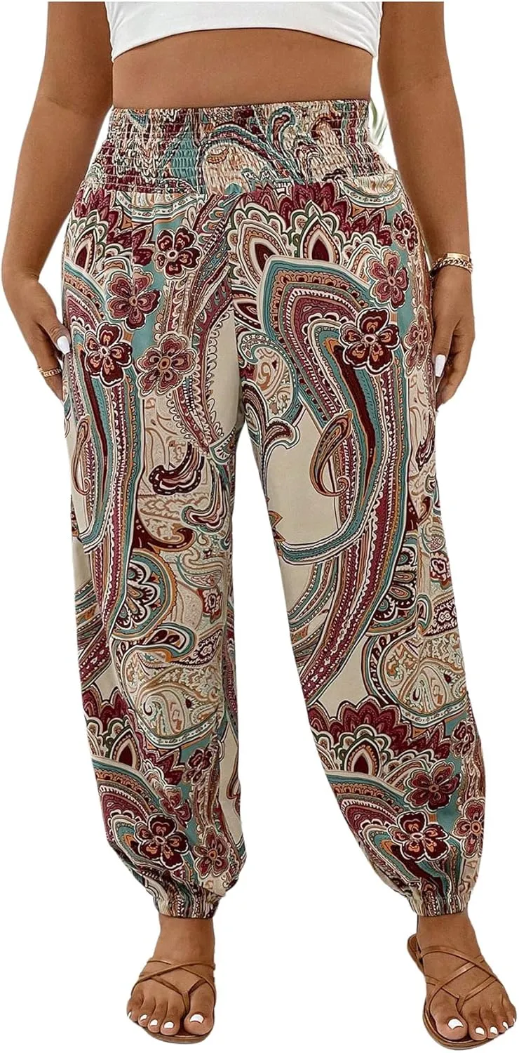 Women's Plus Size Boho Paisley Jogger Pants Floral High Waisted Flowy Trousers