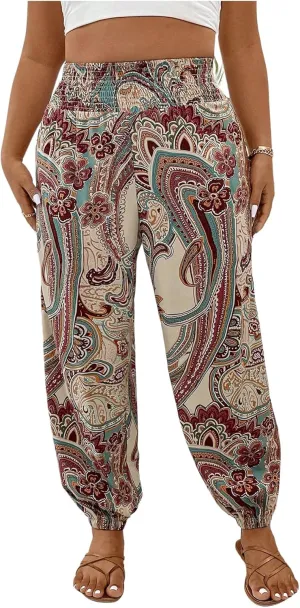 Women's Plus Size Boho Paisley Jogger Pants Floral High Waisted Flowy Trousers