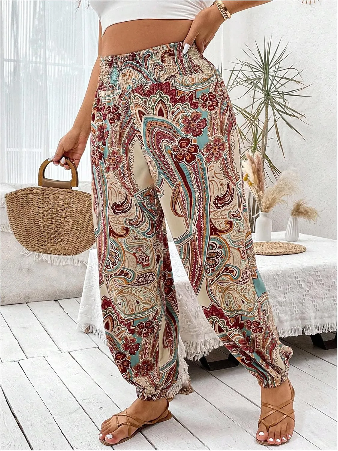 Women's Plus Size Boho Paisley Jogger Pants Floral High Waisted Flowy Trousers