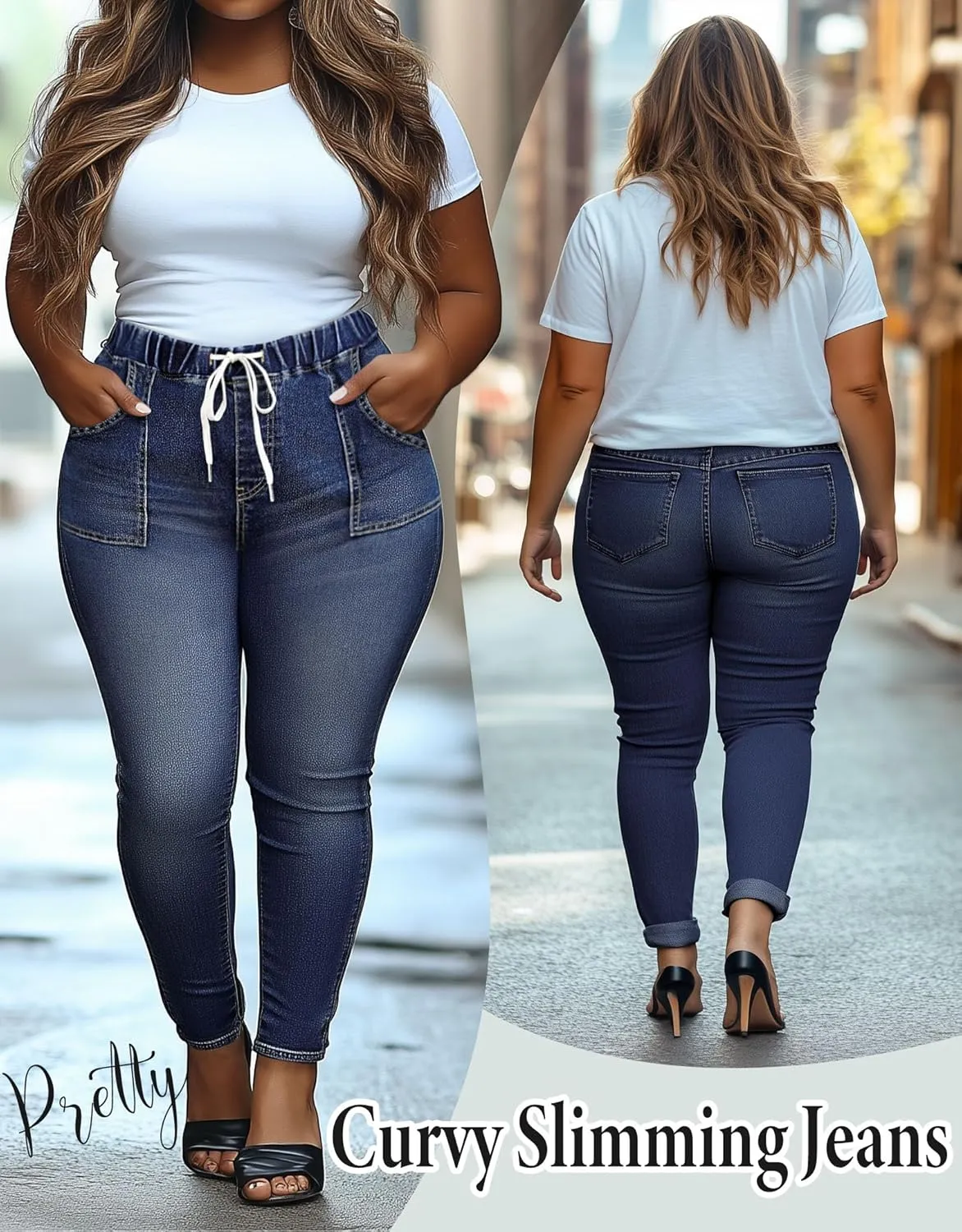 Women's Plus Size Jeans Drawstring High Waisted Elastic Jeggings Cotton Classic Stretchy Denim Pants