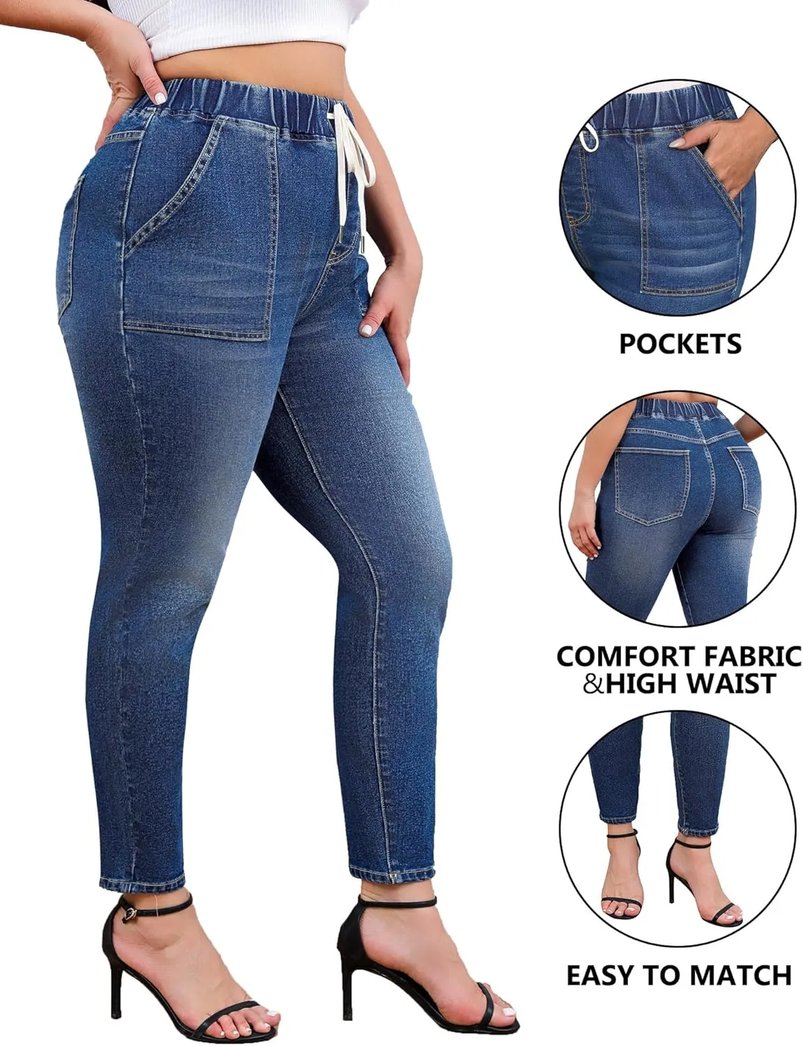 Women's Plus Size Jeans Drawstring High Waisted Elastic Jeggings Cotton Classic Stretchy Denim Pants