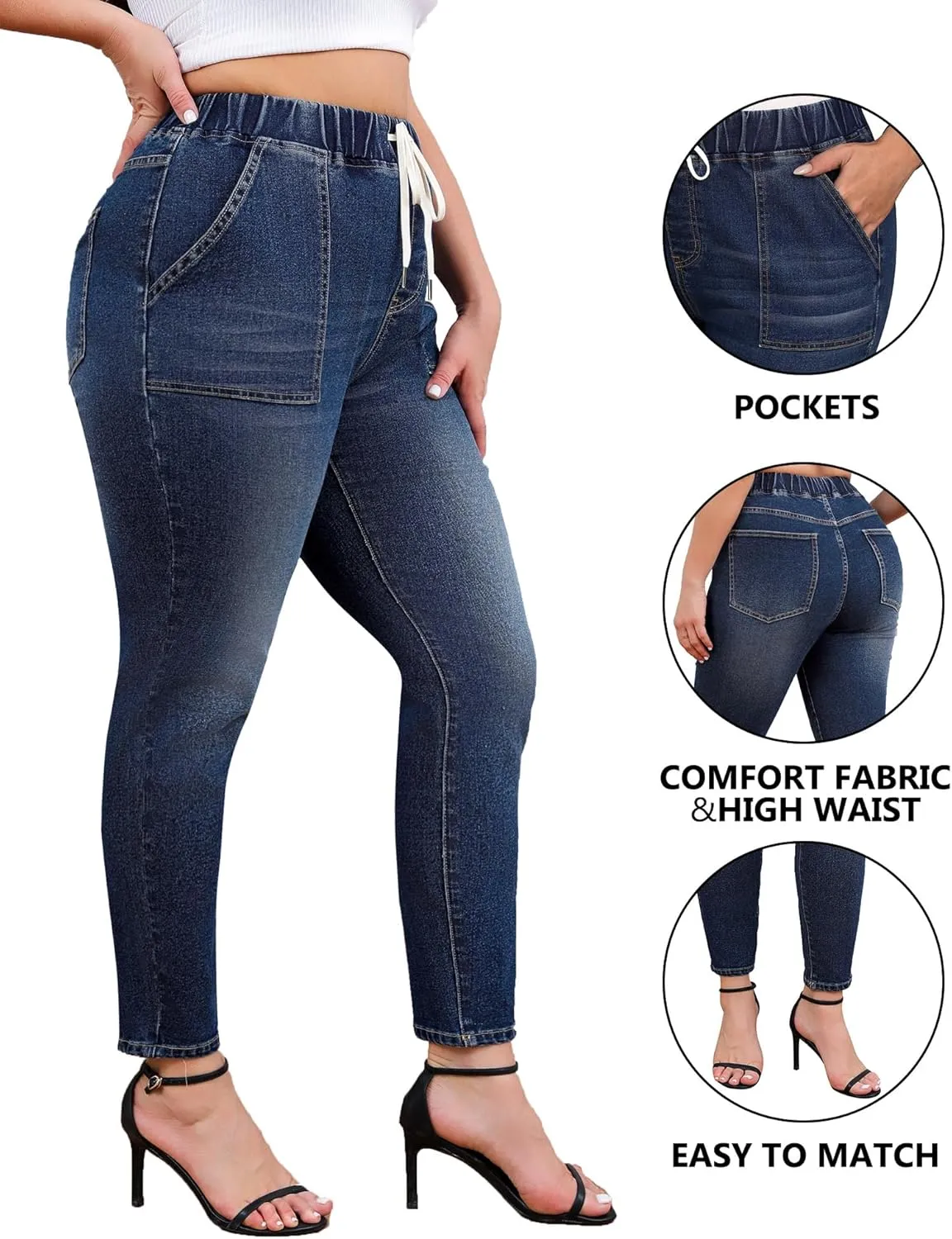 Women's Plus Size Jeans Drawstring High Waisted Elastic Jeggings Cotton Classic Stretchy Denim Pants