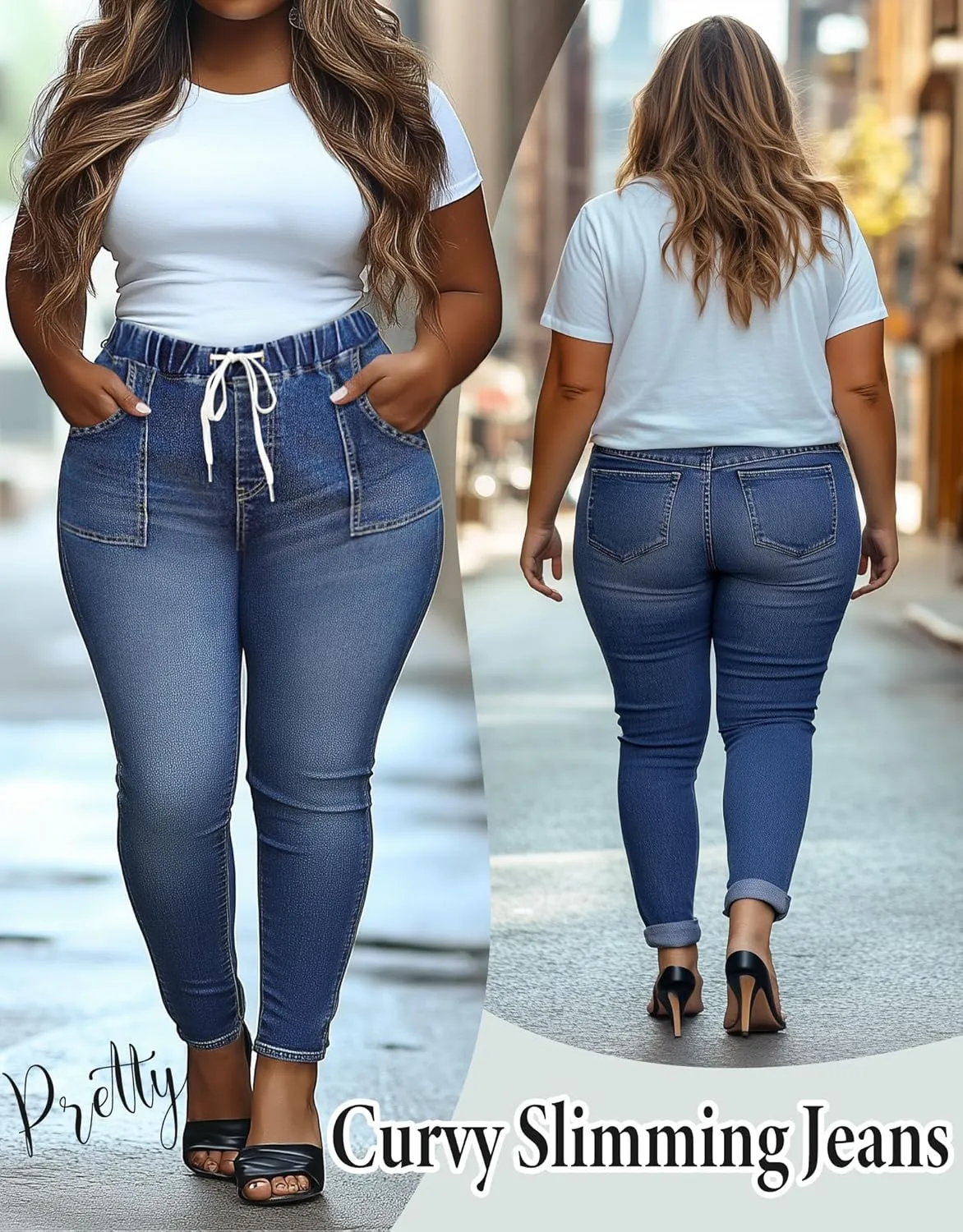 Women's Plus Size Jeans Drawstring High Waisted Elastic Jeggings Cotton Classic Stretchy Denim Pants