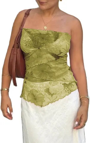 Women's Ruffle Asymmetrical Hem Tube Top Ruched Mesh Strapless Tops Frill Tassels Flowy Going Out Bandeau Tops