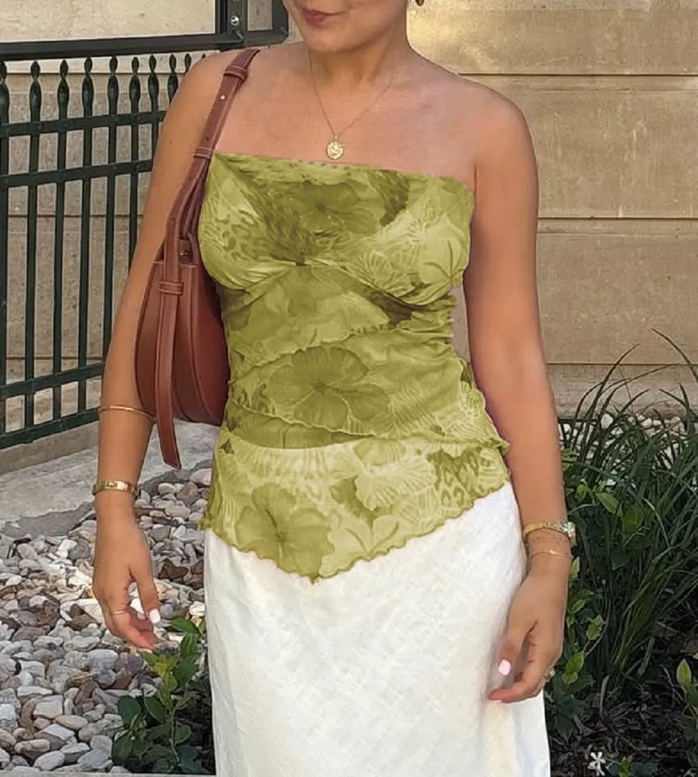 Women's Ruffle Asymmetrical Hem Tube Top Ruched Mesh Strapless Tops Frill Tassels Flowy Going Out Bandeau Tops