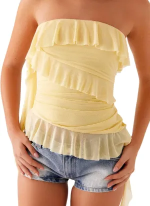 Women's Ruffle Asymmetrical Hem Tube Top Ruched Mesh Strapless Tops Frill Tassels Flowy Going Out Bandeau Tops