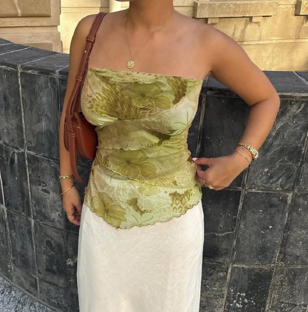 Women's Ruffle Asymmetrical Hem Tube Top Ruched Mesh Strapless Tops Frill Tassels Flowy Going Out Bandeau Tops