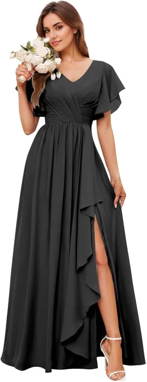 Women's Ruffle Sleeves Bridesmaid Dress with Slit for Wedding 2025 V-Neck A-Line Long Formal Dresses