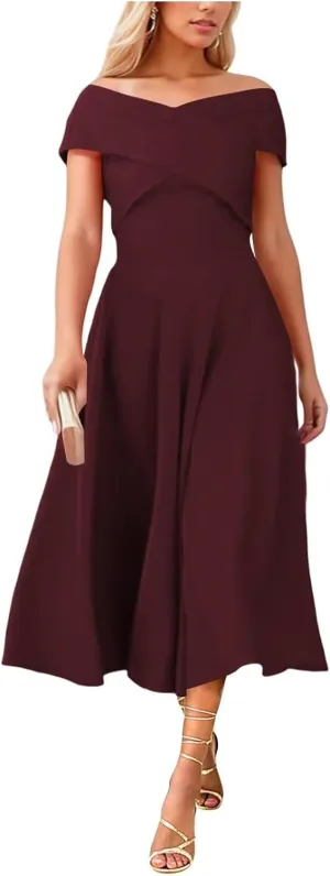 Womens Satin Off The Shoulder Evening Dress Tea Length Prom Dresses for Women A Line Midi Wedding Guest Dress