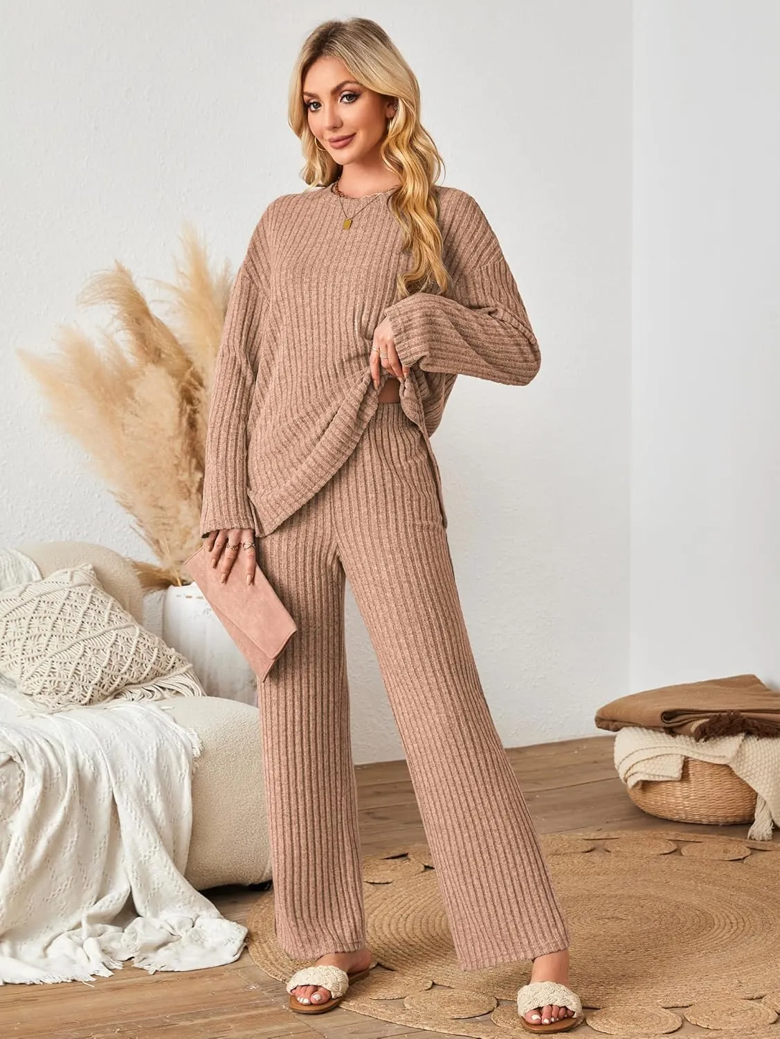 Womens Sets 2 Piece Outfits Matching Lounge Set Cozy Knit Pajamas Oversized Loungewear Fall Winter Clothes S-2XL