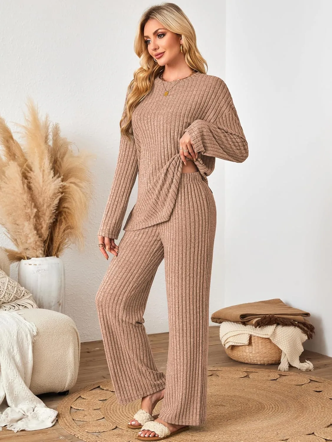 Womens Sets 2 Piece Outfits Matching Lounge Set Cozy Knit Pajamas Oversized Loungewear Fall Winter Clothes S-2XL