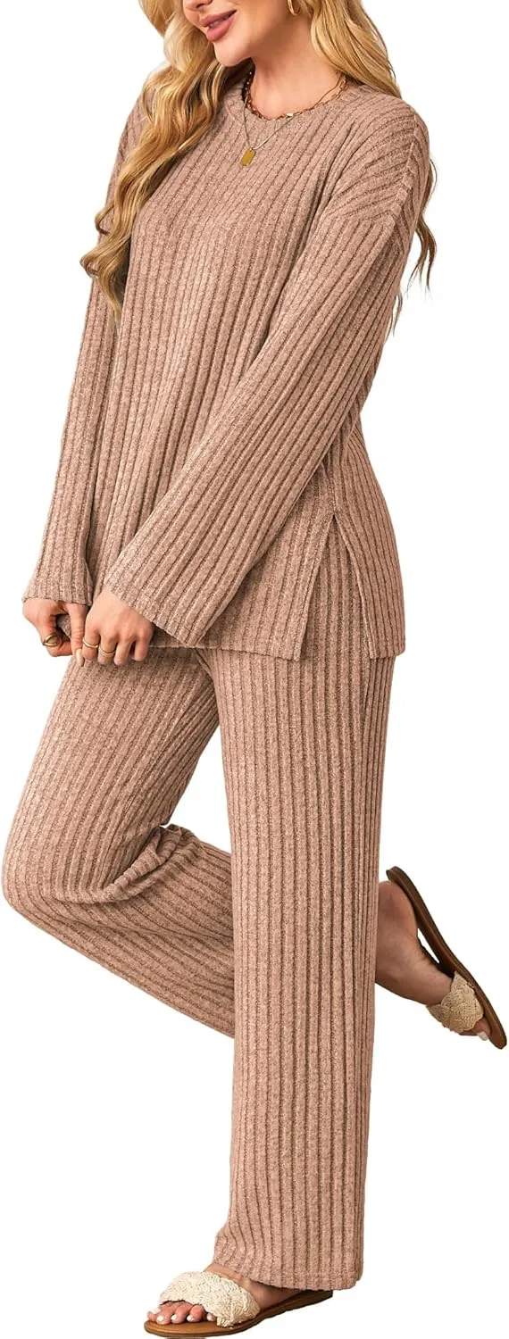 Womens Sets 2 Piece Outfits Matching Lounge Set Cozy Knit Pajamas Oversized Loungewear Fall Winter Clothes S-2XL