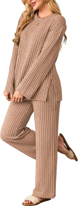 Womens Sets 2 Piece Outfits Matching Lounge Set Cozy Knit Pajamas Oversized Loungewear Fall Winter Clothes S-2XL